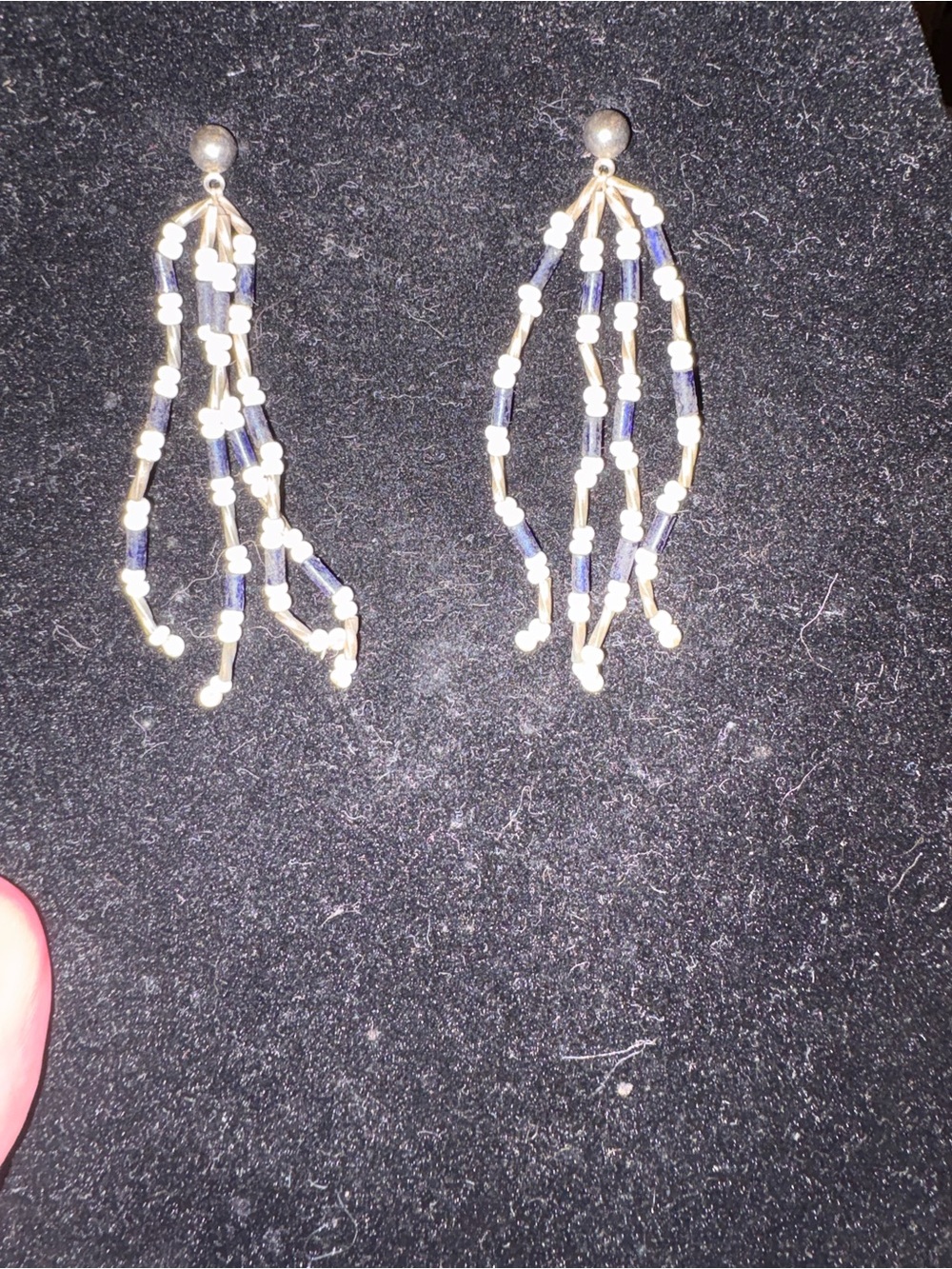 Navy and White Beaded Fringe Drop Earrings